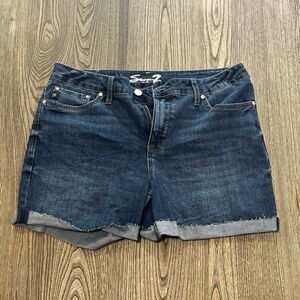 Seven7 Cut-Off Weekend Shorts Mid Rise Whisker Denim Stretch Dark Wash Blue 12